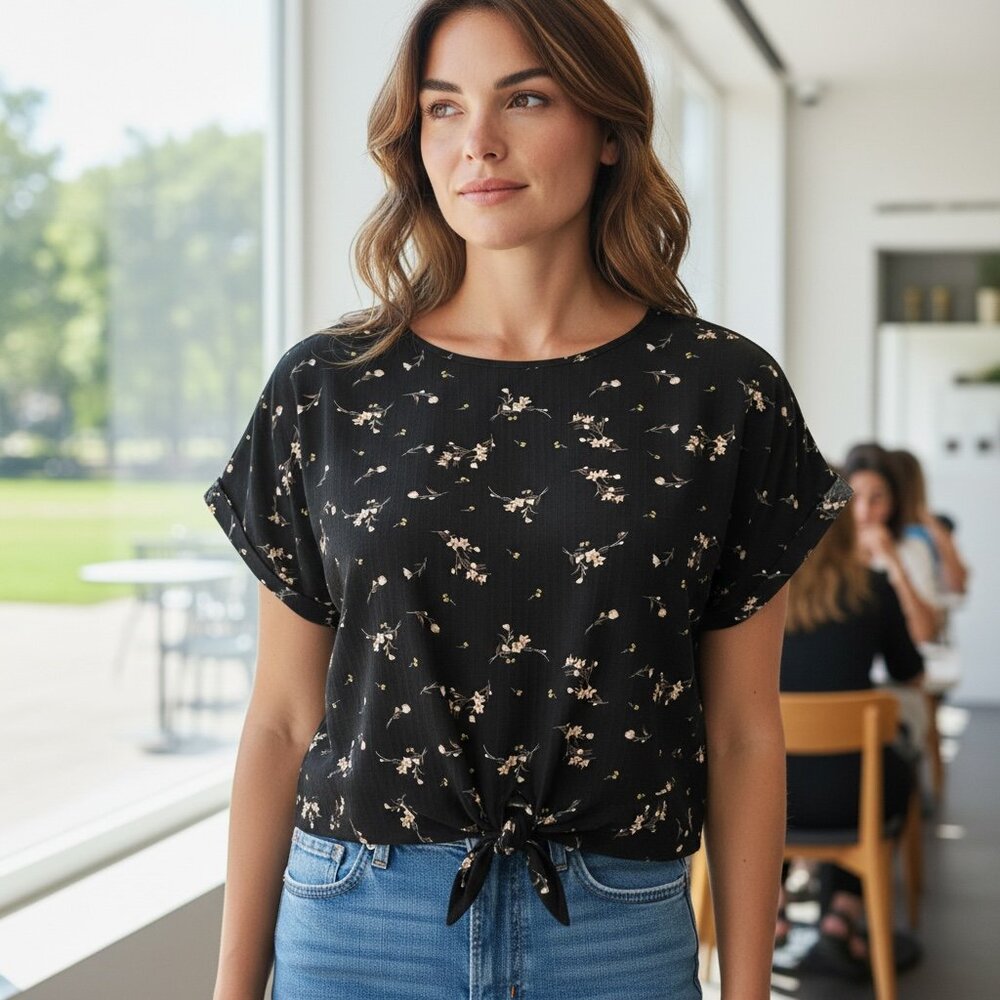 Buffalo David Bitton‎ Tie Front Blouse Women's XXL Black Floral #48T